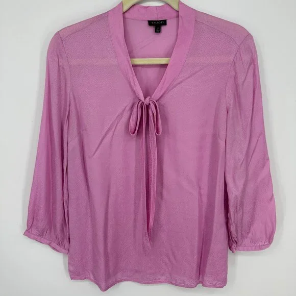 3/$25 Talbots Satin Snake Skin Embossed Top 2 Tie Neck Blouse 3/4 Sleeves Pink - Picture 1 of 7